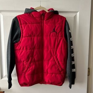 Jordan Youth boy's sz Large zip up  hooded  red and gray jacket. VG used cond.
